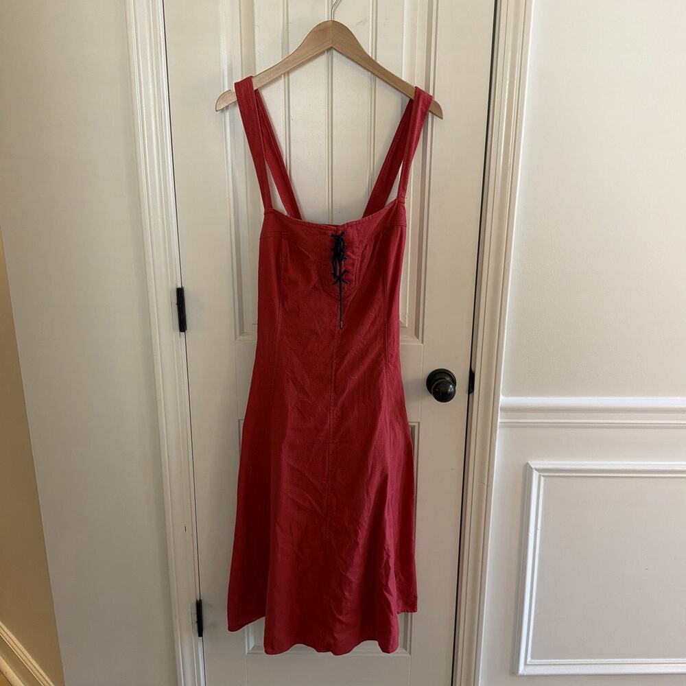 Lauren Ralph Lauren Cranberry Red 100% Linen Sundress Women’s Size 14 Navy Tie